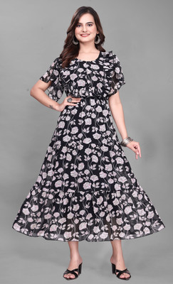 JYOTESTORE Women Fit and Flare Black Maxi/Full Length Dress