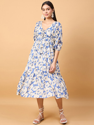 METRONAUT Women A-line Blue Midi/Calf Length Dress