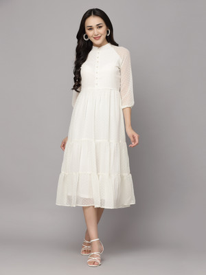 AAYU Women Fit and Flare White Midi/Calf Length Dress