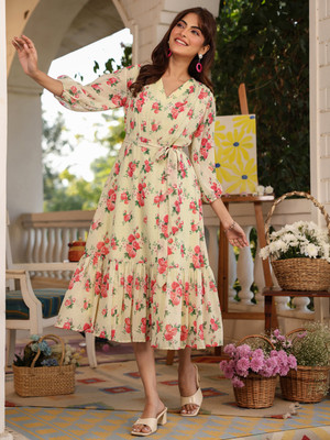 Janasya Women Fit and Flare Yellow Midi/Calf Length Dress