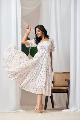 shiv creation Women Fit and Flare White Maxi/Full Length Dress