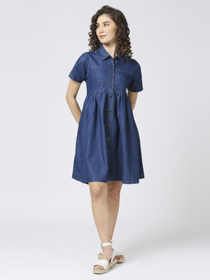 CEFALU Women Shirt Dark Blue Midi/Calf Length Dress