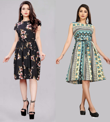 tanvi creation Women Fit and Flare Multicolor Knee Length Dress