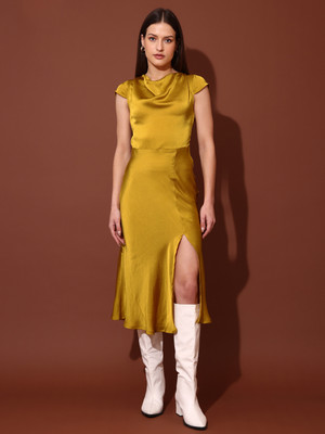 PURVAJA Women Fit and Flare Yellow Midi/Calf Length Dress