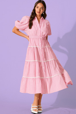 KAVATHIYA Women Fit and Flare Pink Midi/Calf Length Dress