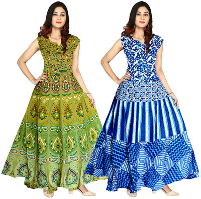 Shunit creation Women Fit and Flare Green, Blue Maxi/Full Length Dress