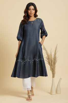 W Women Fit and Flare Grey Midi/Calf Length Dress