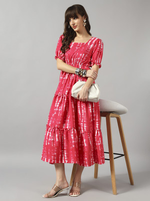 Femvy Women Printed Ethnic Dress Kurta(Pink)