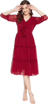 HouseOfCommon Women Fit and Flare Red Midi/Calf Length Dress