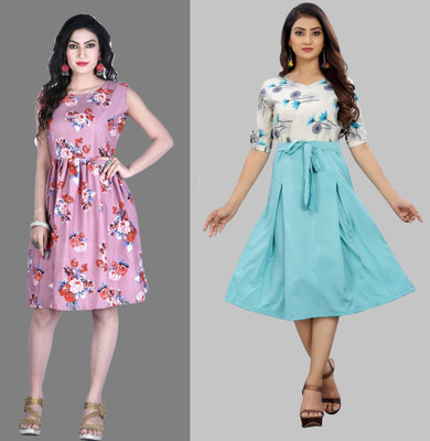 Hiral Creation Women Fit and Flare Multicolor Knee Length Dress