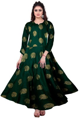 Hans Craft And Art Women Fit and Flare Dark Green, Gold Dress