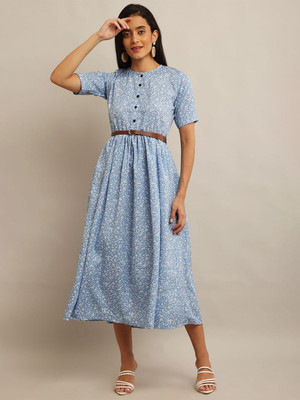 Moda Rapido Women A-line Blue Midi/Calf Length Dress