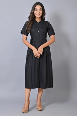 IQRAAR Women A-line Black Midi/Calf Length Dress
