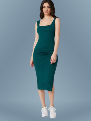 HouseOfCommon Women Ethnic Dress Dark Green Midi/Calf Length Dress