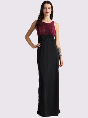 Finian Women A-line Maroon, Black Maxi/Full Length Dress