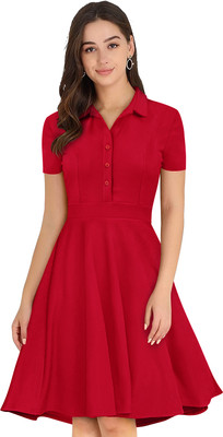 TESSAVEGAS Women A-line Red Knee Length Dress