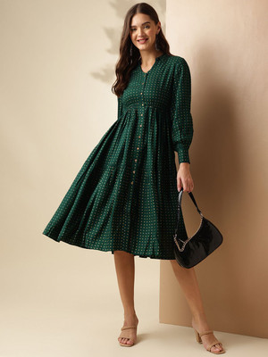 ANOUK Women Fit and Flare Green Midi/Calf Length Dress