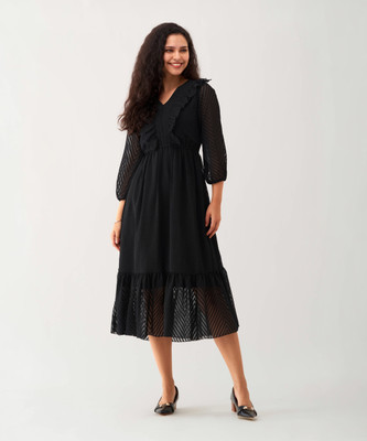 AASK Women Fit and Flare Black Midi/Calf Length Dress