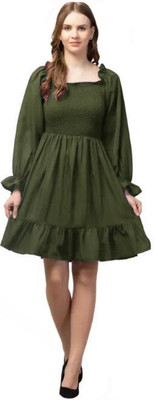 PINK HUB Women A-line Dark Green Knee Length Dress