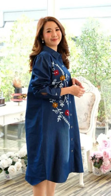 O Madam Women Fit and Flare Blue Knee Length Dress