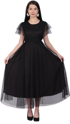 MUZUN Women A-line Black Maxi/Full Length Dress