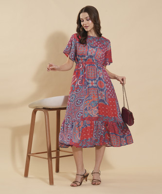 FashFun Women Fit and Flare Multicolor Midi/Calf Length Dress
