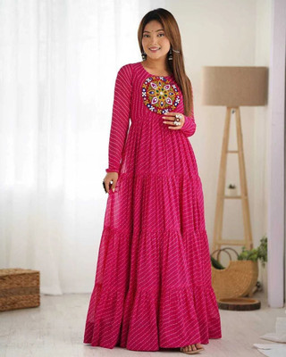 Viba Royal Women Fit and Flare Pink Maxi/Full Length Dress