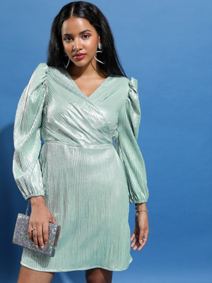 Tokyo Talkies Women A-line Light Green, Silver Above Knee/Mid Thigh Length Dress