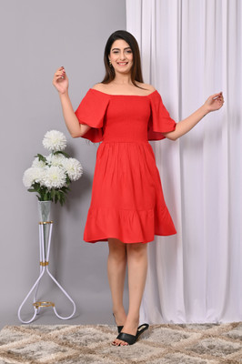 VYMO Women Fit and Flare Red Above Knee/Mid Thigh Length Dress