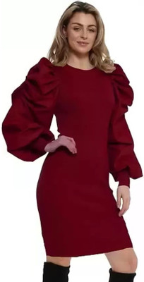Whitewhale Women Bodycon Maroon Above Knee/Mid Thigh Length Dress