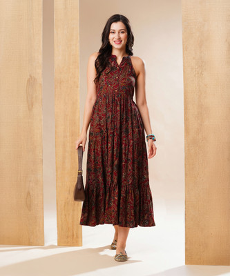 Globus Women Fit and Flare Maroon Midi/Calf Length Dress
