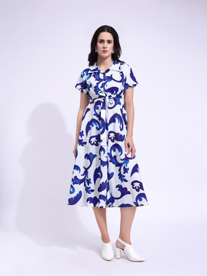 PURVAJA Women Fit and Flare White, Blue Midi/Calf Length Dress