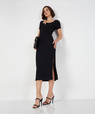SASSAFRAS Women Bodycon Black Midi/Calf Length Dress