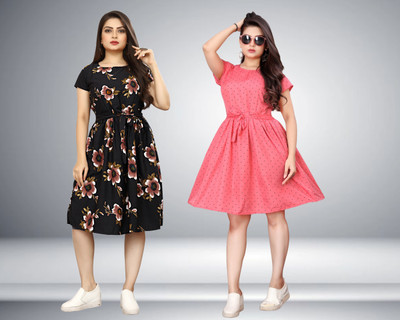 FashhionWorld Women A-line Black, Pink Knee Length Dress