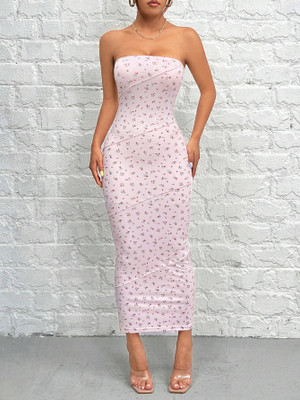 Caozynest Women Bodycon Pink Ankle Length Dress