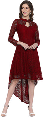 ZELZIS Women High Low Maroon Midi/Calf Length Dress