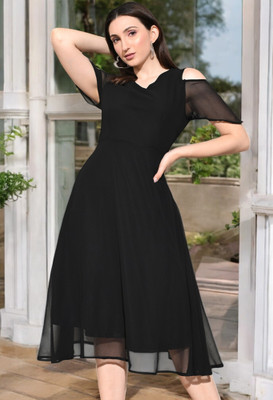 IUGA Women A-line Black Midi/Calf Length Dress