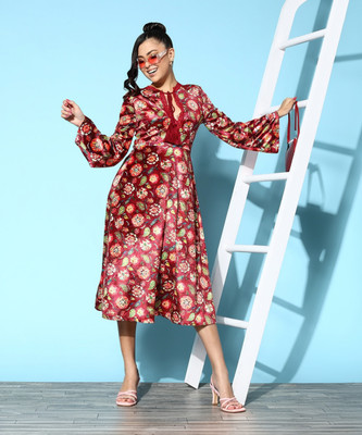 SASSAFRAS Women A-line Maroon Midi/Calf Length Dress