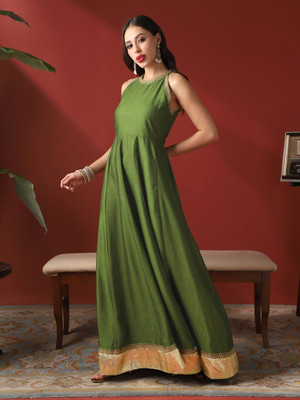Globus Women Fit and Flare Green Maxi/Full Length Dress
