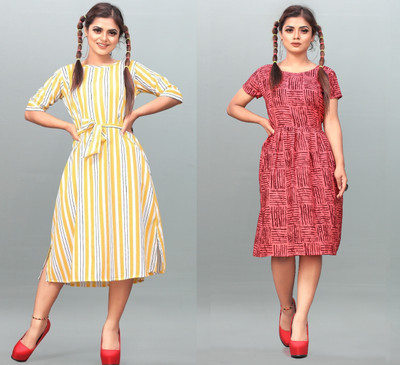 tanvi creation Women Fit and Flare Yellow, Red Knee Length Dress