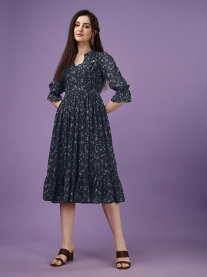 Fashion2wear Women A-line Dark Blue, White Midi/Calf Length Dress