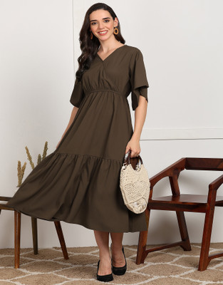 all about you Women A-line Brown Midi/Calf Length Dress