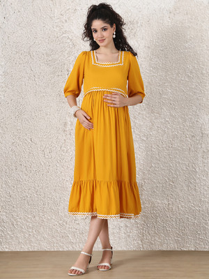Secret Wish Women Fit and Flare Yellow Midi/Calf Length Dress