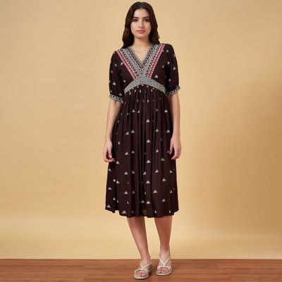 YU by Pantaloons Women Fit and Flare Brown Midi/Calf Length Dress