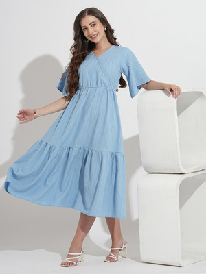 Dressberry Women Fit and Flare Light Blue Midi/Calf Length Dress