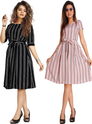 Rinra Women Fit and Flare Black, White, Pink Knee Length Dress