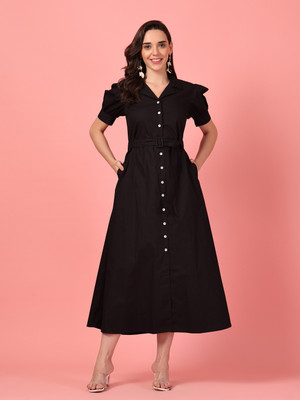 Gulabidress Women A-line Black Midi/Calf Length Dress