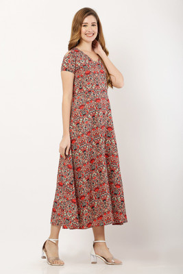 O Madam Women Fit and Flare Brown Ankle Length Dress