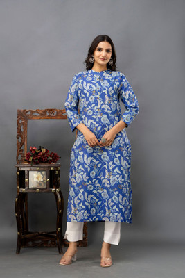 Gudwear Women Printed Straight Kurta(Blue)