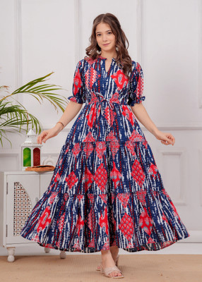 TEESHA Women Fit and Flare Red, Blue Below Knee Dress